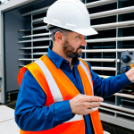 A professional environmental engineer in a clean, modest work uniform and a safety vest, observing a modern, well-maintained wastewater treatment facility. The setting features industrial equipment and a control panel in a bright, organized environment. The engineer is fully clothed, appropriate attire, safe for work, professional, family-friendly. Perfect anatomy, correct proportions, natural pose, well-formed hands, proper finger count, natural body proportions. High-resolution, professional photography, realistic rendering.